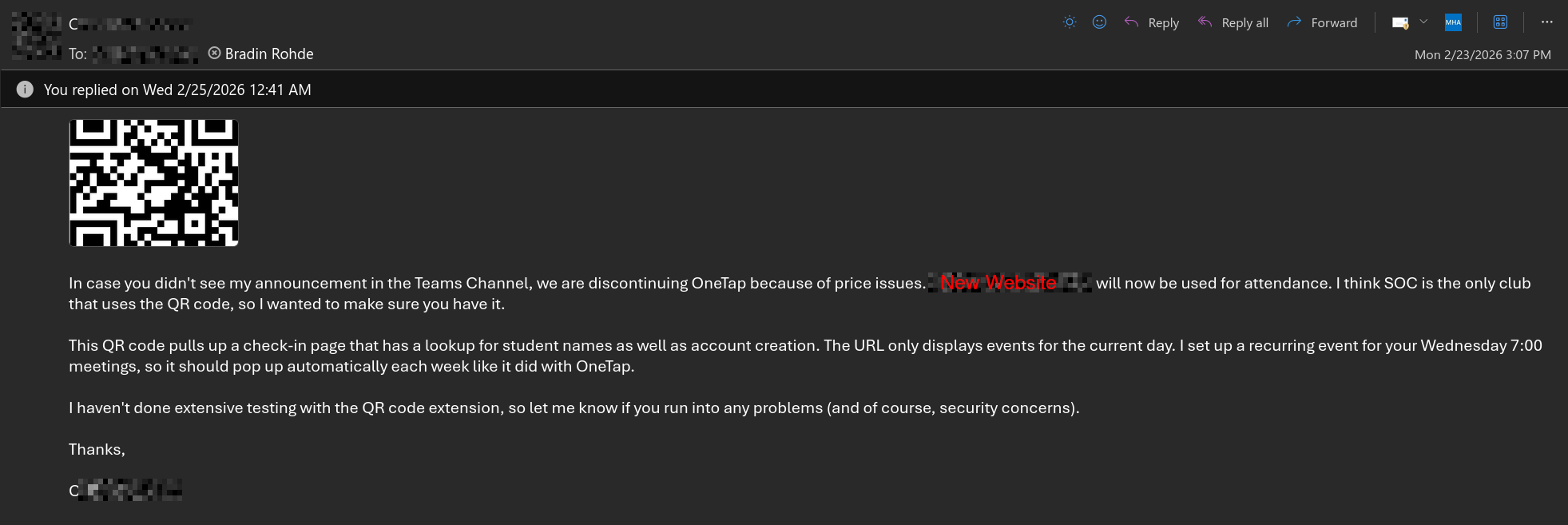 Email about the new QR code