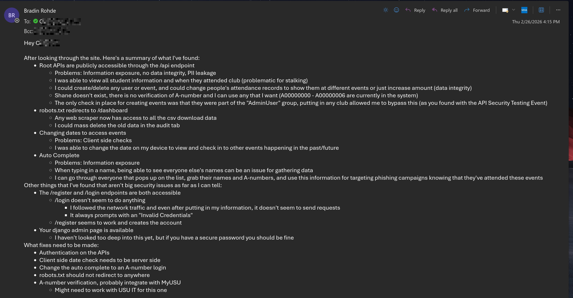 Email to the programmer